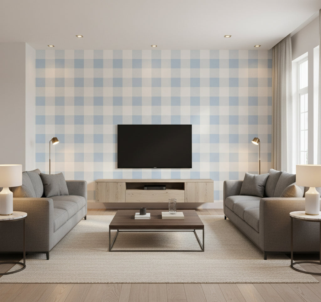 Picnic Plaid Coastal Plaid Blue Oasis | Architectural Wallcoverings - Living Room Visualization (AI-generated, may not be to scale. Verify pattern scale with product specifications.)