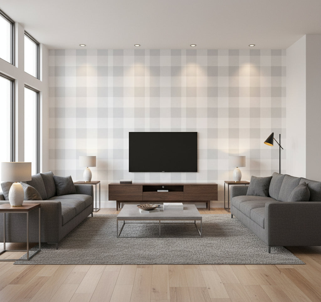 Picnic Plaid Coastal Plaid Daydream Gray | Architectural Wallcoverings - Living Room Visualization (AI-generated, may not be to scale. Verify pattern scale with product specifications.)