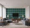 Picnic Plaid Coastal Plaid Tropic Green | Architectural Wallcoverings - Living Room Visualization (AI-generated, may not be to scale. Verify pattern scale with product specifications.)