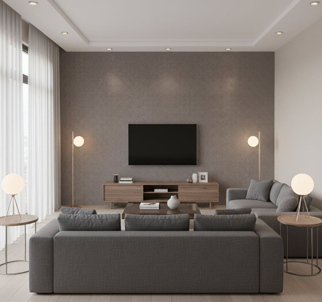 Beach Keys Coastal Greek Key Black Sands | Architectural Wallcoverings - Living Room Visualization (AI-generated, may not be to scale. Verify pattern scale with product specifications.)