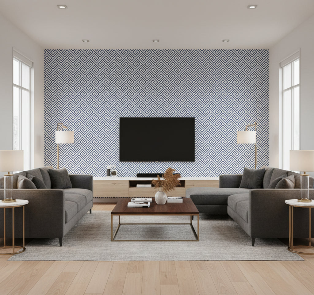 Beach Keys Coastal Greek Key Coastal Blue | Architectural Wallcoverings - Living Room Visualization (AI-generated, may not be to scale. Verify pattern scale with product specifications.)