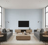Beach Keys Coastal Greek Key Blue Oasis | Architectural Wallcoverings - Living Room Visualization (AI-generated, may not be to scale. Verify pattern scale with product specifications.)