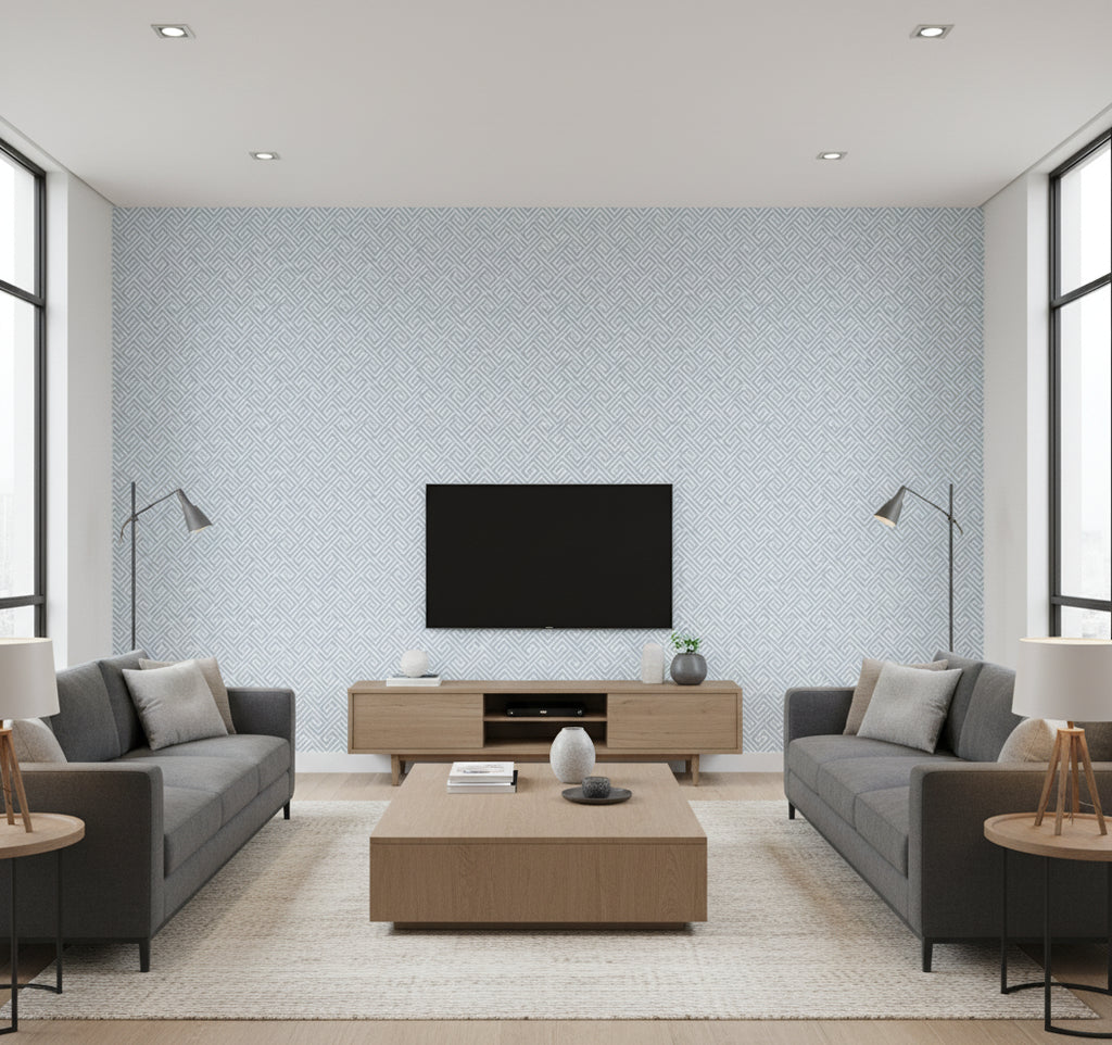 Beach Keys Coastal Greek Key Blue Oasis | Architectural Wallcoverings - Living Room Visualization (AI-generated, may not be to scale. Verify pattern scale with product specifications.)