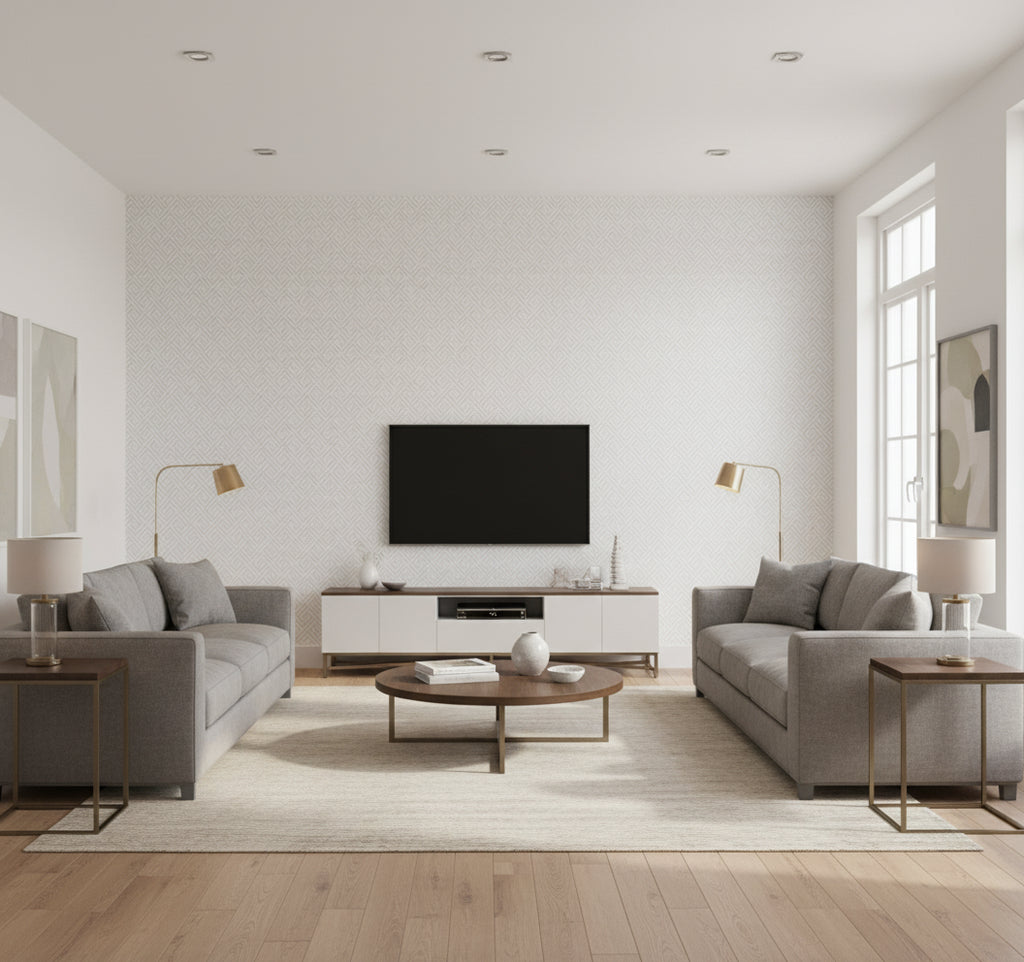 Beach Keys Coastal Greek Key White Sands | Architectural Wallcoverings - Living Room Visualization (AI-generated, may not be to scale. Verify pattern scale with product specifications.)
