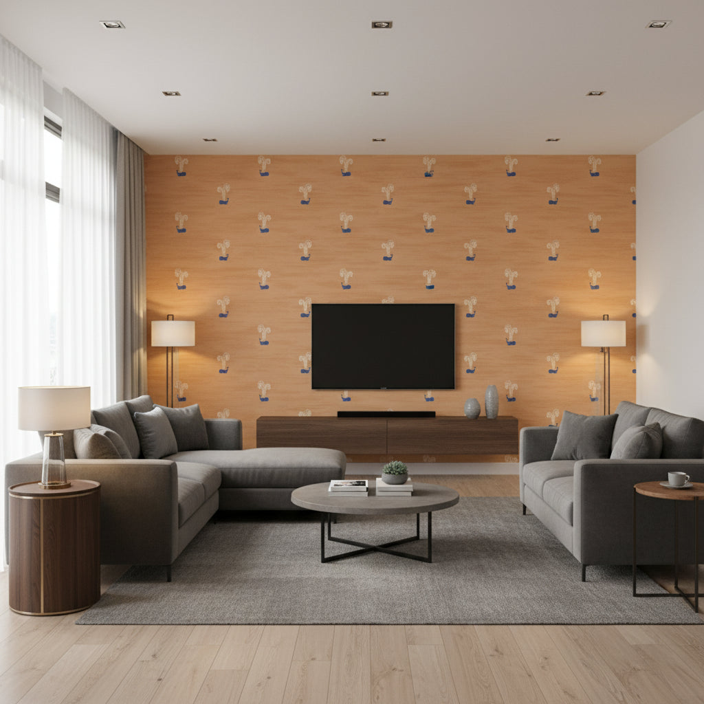 Tiny Whales Contemporary Kids & Nursery Orange and Navy | Architectural Wallcoverings - Living Room Visualization (AI-generated, may not be to scale. Verify pattern scale with product specifications.)