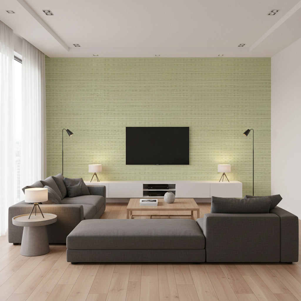Weave Contemporary Kids & Nursery Green Apple | Architectural Wallcoverings - Living Room Visualization (AI-generated, may not be to scale. Verify pattern scale with product specifications.)