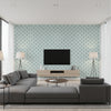 Dots Contemporary Kids & Nursery Teal and Metallic Silver | Architectural Wallcoverings - Living Room Visualization (AI-generated, may not be to scale. Verify pattern scale with product specifications.)