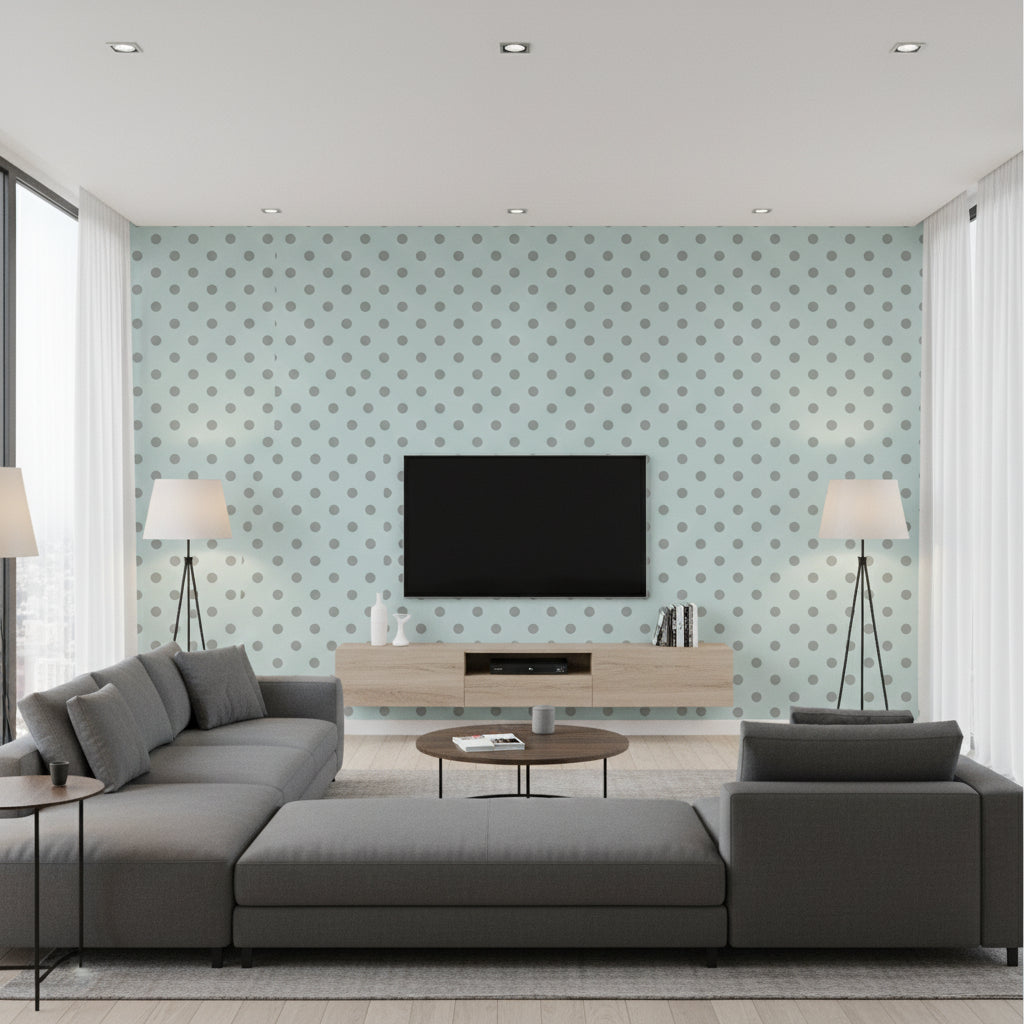 Dots Contemporary Kids & Nursery Teal and Metallic Silver | Architectural Wallcoverings - Living Room Visualization (AI-generated, may not be to scale. Verify pattern scale with product specifications.)