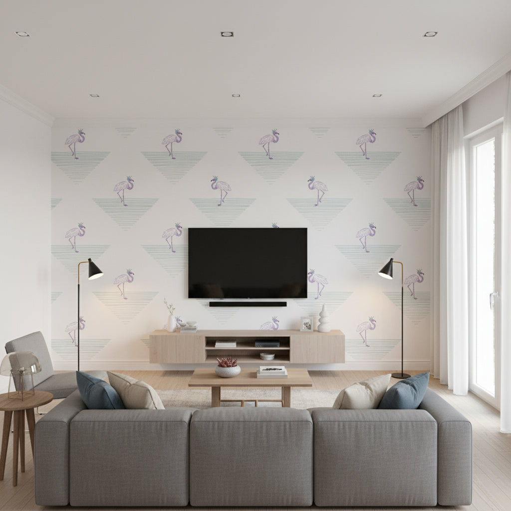 Dancing Flamingo Contemporary Kids & Nursery Teal and Lilac | Architectural Wallcoverings - Living Room Visualization (AI-generated, may not be to scale. Verify pattern scale with product specifications.)