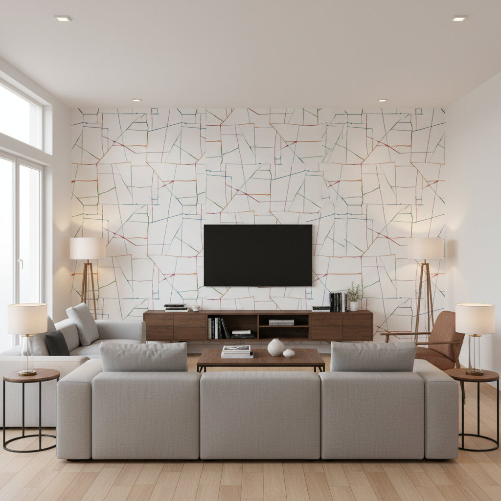 Geo Creative Contemporary Kids & Nursery - Orange, Pink, and Green | Architectural Wallcoverings - Living Room Visualization (AI-generated, may not be to scale. Verify pattern scale with product specifications.)