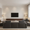 Linen Contemporary Kids & Nursery - Soft Gray | Architectural Wallcoverings - Living Room Visualization (AI-generated, may not be to scale. Verify pattern scale with product specifications.)