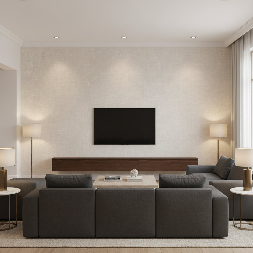Linen Contemporary Kids & Nursery - Soft Gray | Architectural Wallcoverings - Living Room Visualization (AI-generated, may not be to scale. Verify pattern scale with product specifications.)