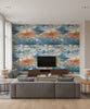 Nautical Sunset Contemporary Abstract - Denim, Metallic Gold, and Burnt Orange | Architectural Wallcoverings - Living Room Visualization (AI-generated, may not be to scale. Verify pattern scale with product specifications.)