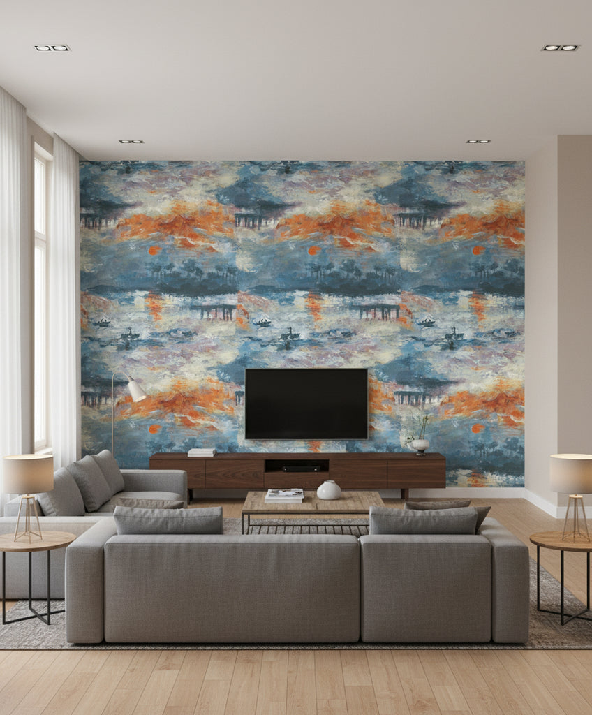 Nautical Sunset Contemporary Abstract - Denim, Metallic Gold, and Burnt Orange | Architectural Wallcoverings - Living Room Visualization (AI-generated, may not be to scale. Verify pattern scale with product specifications.)