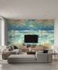 Nautical Sunset Contemporary Abstract - Navy, Turquoise, and Metallic Gold | Architectural Wallcoverings - Living Room Visualization (AI-generated, may not be to scale. Verify pattern scale with product specifications.)