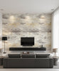 Nautical Sunset Contemporary Abstract - Charcoal, Metallic Gold, and Pearl | Architectural Wallcoverings - Living Room Visualization (AI-generated, may not be to scale. Verify pattern scale with product specifications.)
