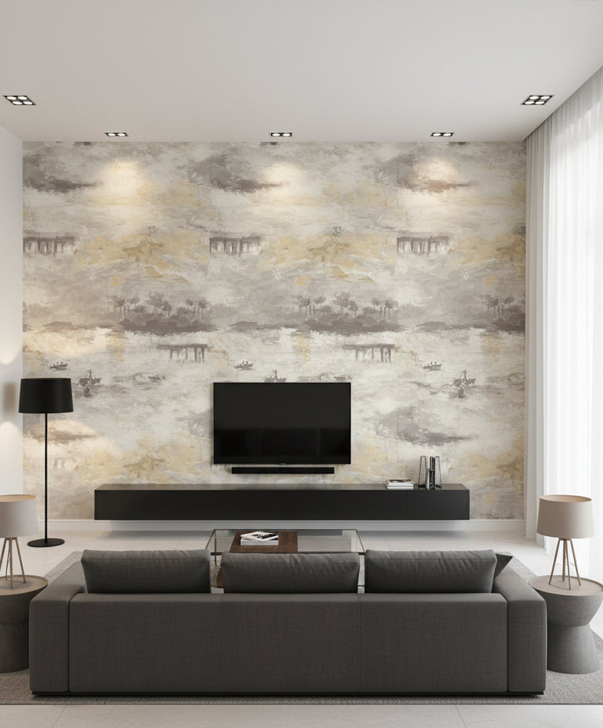 Nautical Sunset Contemporary Abstract - Charcoal, Metallic Gold, and Pearl | Architectural Wallcoverings - Living Room Visualization (AI-generated, may not be to scale. Verify pattern scale with product specifications.)