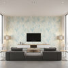 Paint Splatter Contemporary Abstract - Metallic Powder Blue and Cream | Architectural Wallcoverings - Living Room Visualization (AI-generated, may not be to scale. Verify pattern scale with product specifications.)