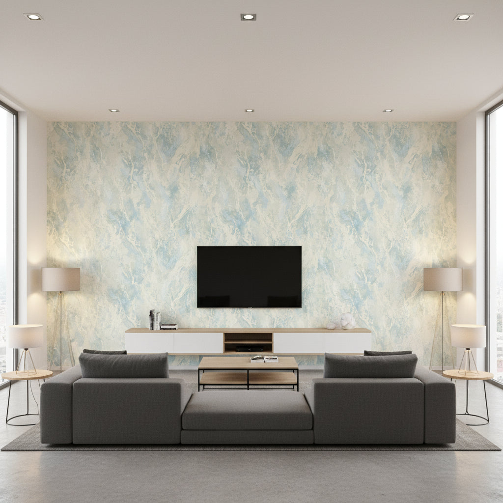 Paint Splatter Contemporary Abstract - Metallic Powder Blue and Cream | Architectural Wallcoverings - Living Room Visualization (AI-generated, may not be to scale. Verify pattern scale with product specifications.)