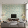 Paint Splatter Contemporary Abstract - Metallic Blue and Pearl | Architectural Wallcoverings - Living Room Visualization (AI-generated, may not be to scale. Verify pattern scale with product specifications.)