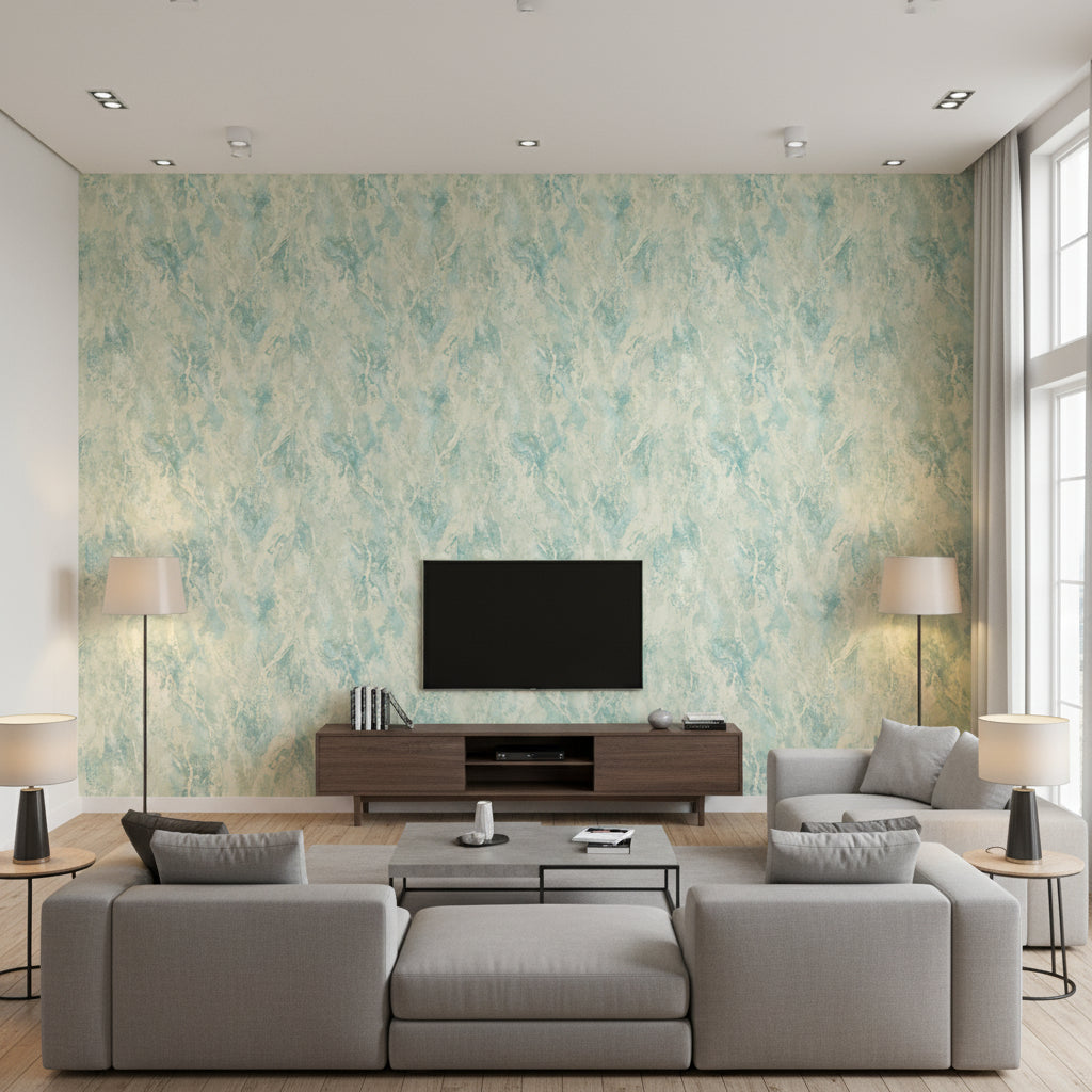 Paint Splatter Contemporary Abstract - Metallic Blue and Pearl | Architectural Wallcoverings - Living Room Visualization (AI-generated, may not be to scale. Verify pattern scale with product specifications.)
