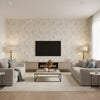 Paint Splatter Contemporary Abstract - Metallic Champagne, White, and Tan | Architectural Wallcoverings - Living Room Visualization (AI-generated, may not be to scale. Verify pattern scale with product specifications.)