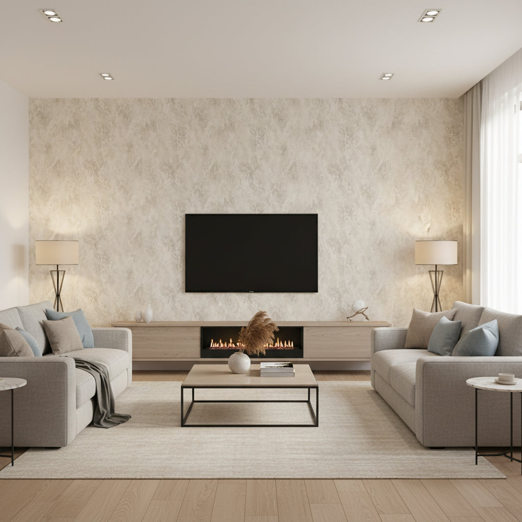 Paint Splatter Contemporary Abstract - Metallic Champagne, White, and Tan | Architectural Wallcoverings - Living Room Visualization (AI-generated, may not be to scale. Verify pattern scale with product specifications.)