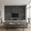 Script Contemporary Illustration - Metallic Pearl, Ebony, and Powder Blue | Architectural Wallcoverings - Living Room Visualization (AI-generated, may not be to scale. Verify pattern scale with product specifications.)