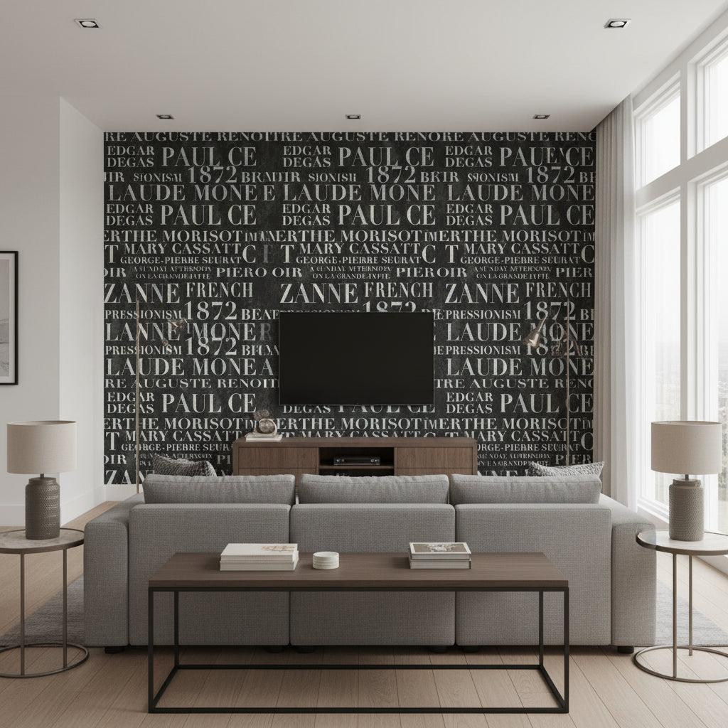 Script Contemporary Illustration - Metallic Pearl, Ebony, and Powder Blue | Architectural Wallcoverings - Living Room Visualization (AI-generated, may not be to scale. Verify pattern scale with product specifications.)