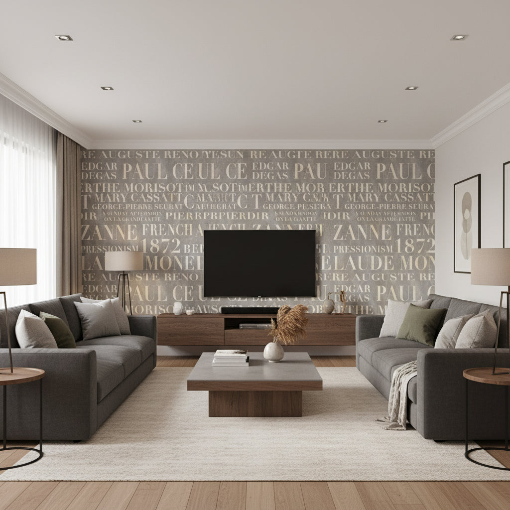 Script Contemporary Illustration - Metallic Ivory and Metallic Grey | Architectural Wallcoverings - Living Room Visualization (AI-generated, may not be to scale. Verify pattern scale with product specifications.)