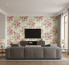 Rose Bouquet Contemporary Floral - Metallic Ivory, Blush, and Forest Green | Architectural Wallcoverings - Living Room Visualization (AI-generated, may not be to scale. Verify pattern scale with product specifications.)