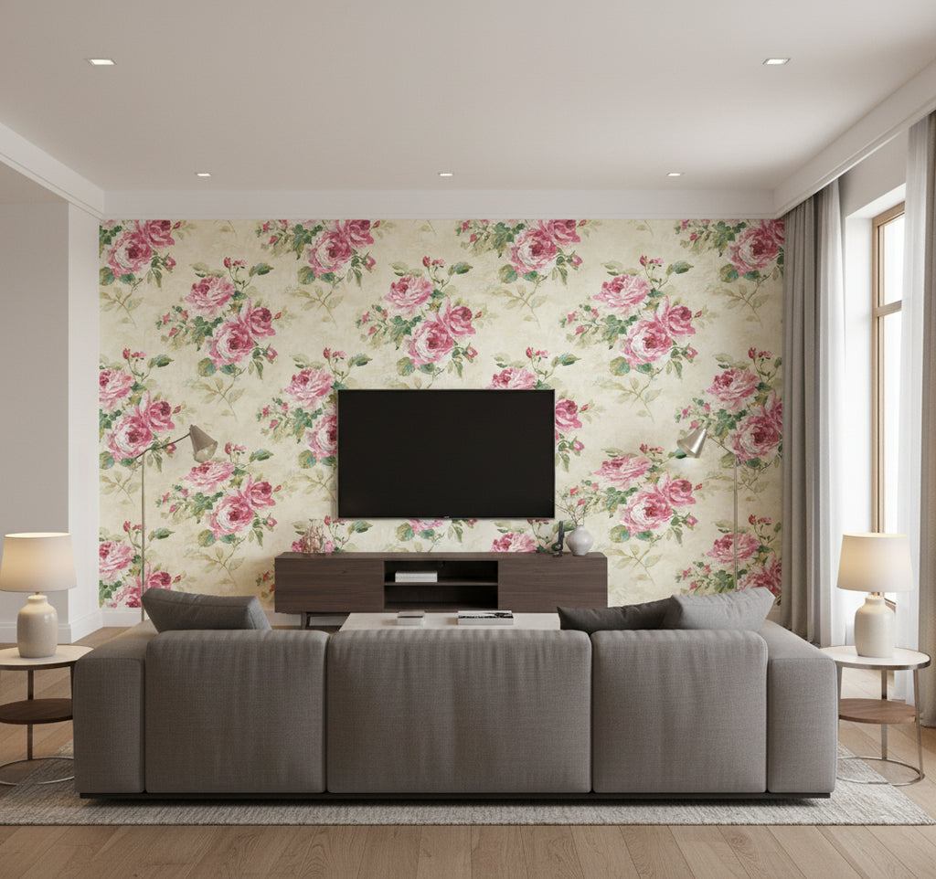 Rose Bouquet Contemporary Floral - Metallic Ivory, Blush, and Forest Green | Architectural Wallcoverings - Living Room Visualization (AI-generated, may not be to scale. Verify pattern scale with product specifications.)