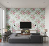Rose Bouquet Contemporary Floral - Metallic Blue and Rose | Architectural Wallcoverings - Living Room Visualization (AI-generated, may not be to scale. Verify pattern scale with product specifications.)