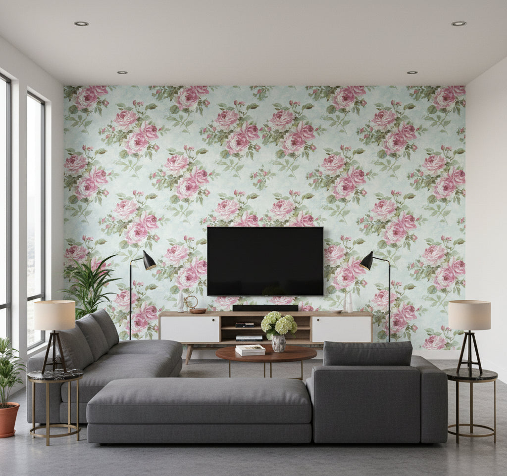Rose Bouquet Contemporary Floral - Metallic Blue and Rose | Architectural Wallcoverings - Living Room Visualization (AI-generated, may not be to scale. Verify pattern scale with product specifications.)
