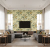 Rose Bouquet Contemporary Floral - Metallic White, Gold, and Green | Architectural Wallcoverings - Living Room Visualization (AI-generated, may not be to scale. Verify pattern scale with product specifications.)