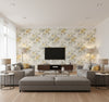Rose Bouquet Contemporary Floral - Metallic Pearl, Metallic Gold, and Grey | Architectural Wallcoverings - Living Room Visualization (AI-generated, may not be to scale. Verify pattern scale with product specifications.)