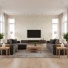 Ogee Contemporary Ogee - Metallic Teal and Greige | Architectural Wallcoverings - Living Room Visualization (AI-generated, may not be to scale. Verify pattern scale with product specifications.)