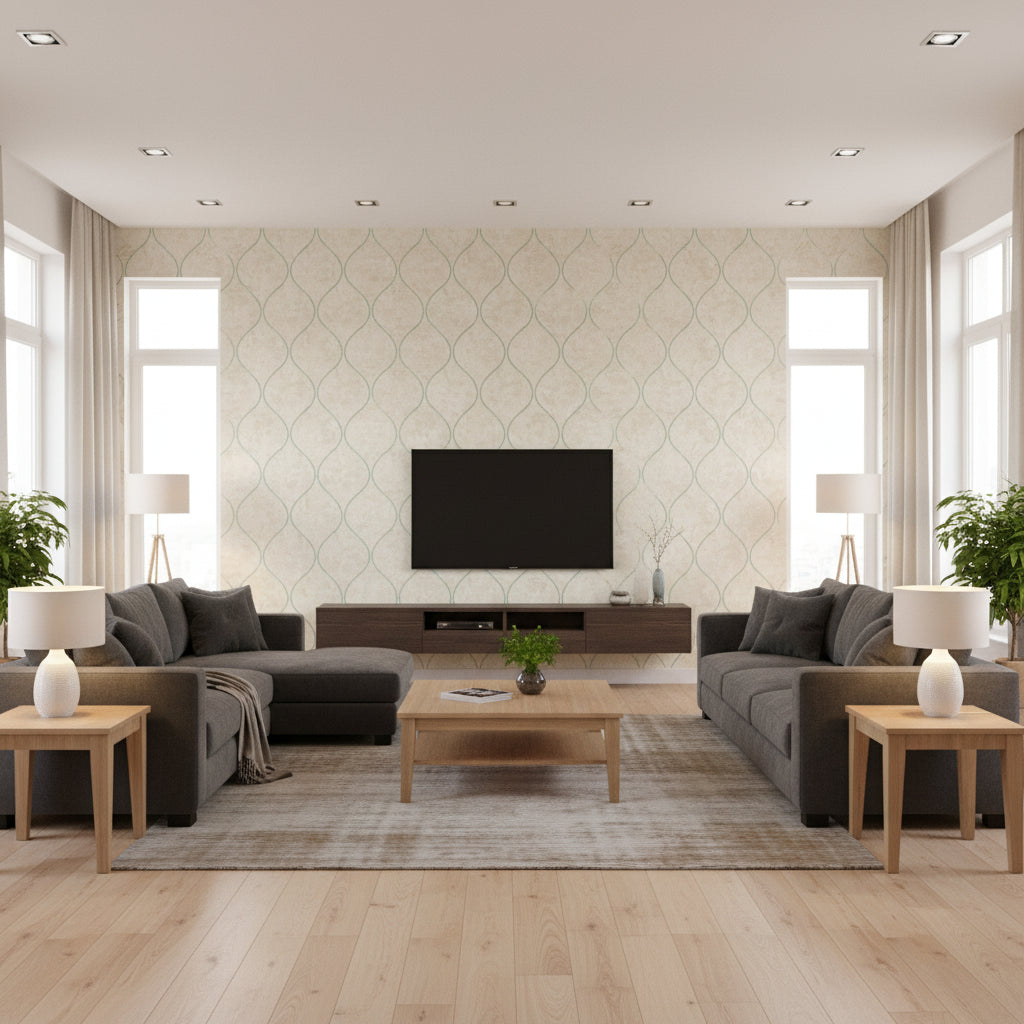 Ogee Contemporary Ogee - Metallic Teal and Greige | Architectural Wallcoverings - Living Room Visualization (AI-generated, may not be to scale. Verify pattern scale with product specifications.)