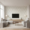 Ogee Contemporary Ogee - Grey, Aqua, and Metallic Gold | Architectural Wallcoverings - Living Room Visualization (AI-generated, may not be to scale. Verify pattern scale with product specifications.)