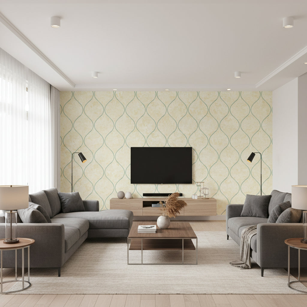 Ogee Contemporary Ogee - Tan, Metallic Gold, and Turquoise | Architectural Wallcoverings - Living Room Visualization (AI-generated, may not be to scale. Verify pattern scale with product specifications.)
