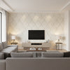 Ogee Contemporary Ogee - Off-White and Metallic Gold | Architectural Wallcoverings - Living Room Visualization (AI-generated, may not be to scale. Verify pattern scale with product specifications.)
