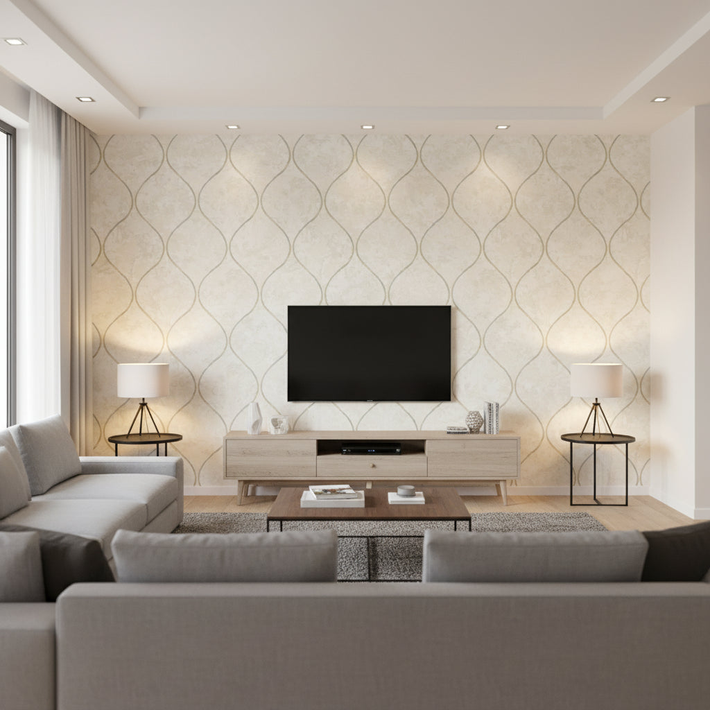 Ogee Contemporary Ogee - Off-White and Metallic Gold | Architectural Wallcoverings - Living Room Visualization (AI-generated, may not be to scale. Verify pattern scale with product specifications.)