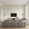 Brushstrokes Contemporary Abstract - Metallic Teal and Greige | Architectural Wallcoverings - Living Room Visualization (AI-generated, may not be to scale. Verify pattern scale with product specifications.)