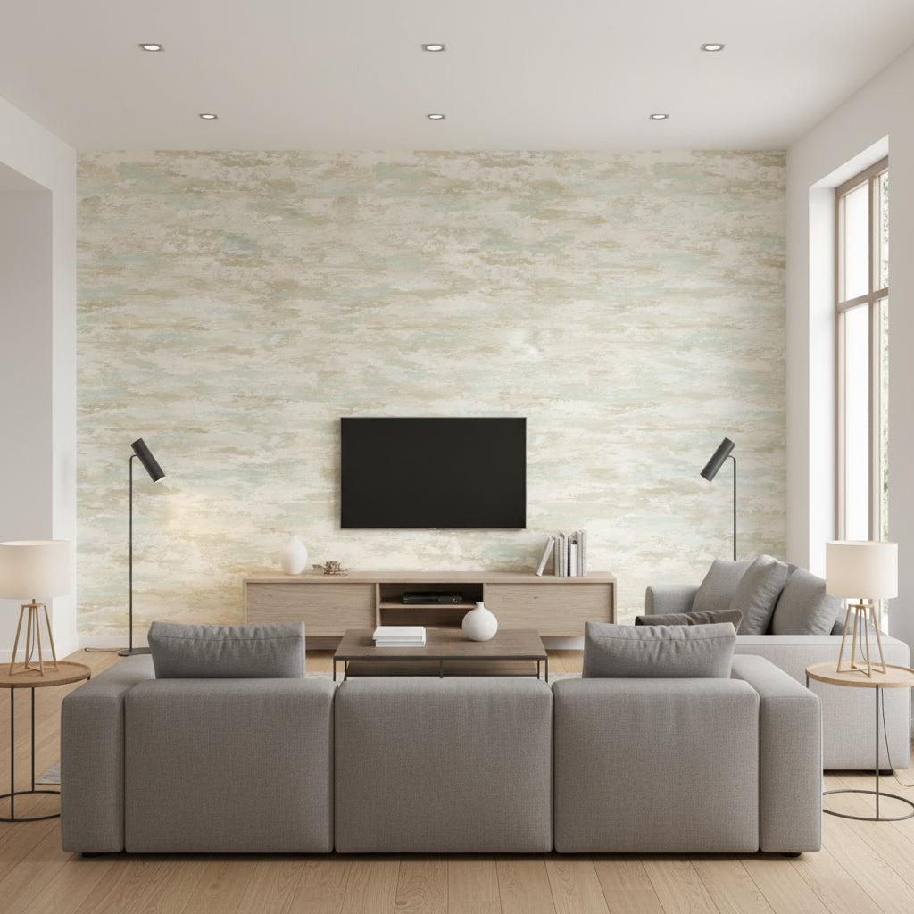 Brushstrokes Contemporary Abstract - Metallic Teal and Greige | Architectural Wallcoverings - Living Room Visualization (AI-generated, may not be to scale. Verify pattern scale with product specifications.)