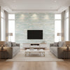 Brushstrokes Contemporary Abstract - Metallic Champagne, White, and Powder Blue | Architectural Wallcoverings - Living Room Visualization (AI-generated, may not be to scale. Verify pattern scale with product specifications.)