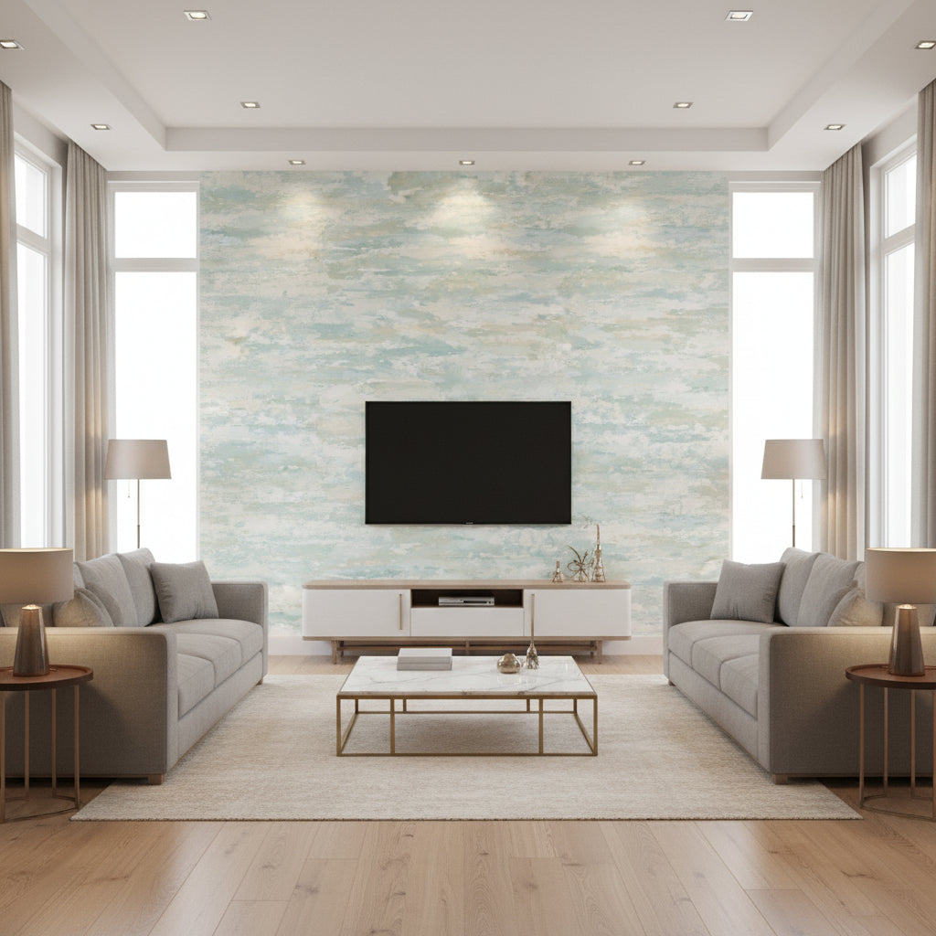 Brushstrokes Contemporary Abstract - Metallic Champagne, White, and Powder Blue | Architectural Wallcoverings - Living Room Visualization (AI-generated, may not be to scale. Verify pattern scale with product specifications.)
