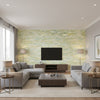 Brushstrokes Contemporary Abstract - Metallic Gold, White, and Aqua | Architectural Wallcoverings - Living Room Visualization (AI-generated, may not be to scale. Verify pattern scale with product specifications.)