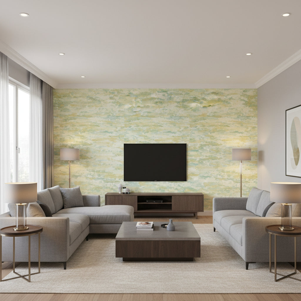 Brushstrokes Contemporary Abstract - Metallic Gold, White, and Aqua | Architectural Wallcoverings - Living Room Visualization (AI-generated, may not be to scale. Verify pattern scale with product specifications.)