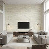 Brushstrokes Contemporary Abstract - Metallic Pearl and Silver | Architectural Wallcoverings - Living Room Visualization (AI-generated, may not be to scale. Verify pattern scale with product specifications.)