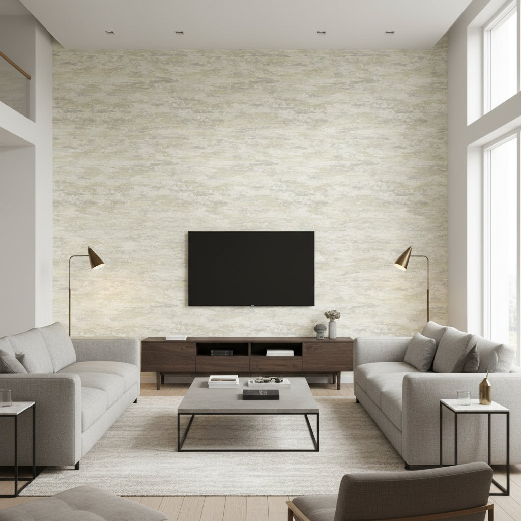 Brushstrokes Contemporary Abstract - Metallic Pearl and Silver | Architectural Wallcoverings - Living Room Visualization (AI-generated, may not be to scale. Verify pattern scale with product specifications.)